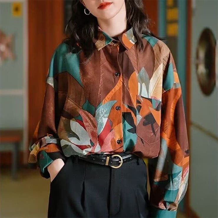【10％OFFクーポン！2/10(火)1:59まで】Decorative 柄シャツ 花柄 花 フラワー リーフ柄 リーフ 落ち葉 紅葉 くすみカラー 秋色 オータムカラー マルチカラー 長袖 長袖シャツ オーバーサイズ 衣装 韓国 大きいサイズ 個性的