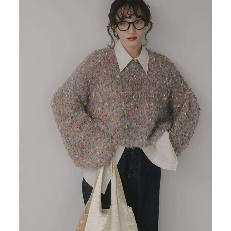 【10％OFFクーポン！1/16(金)1:59まで】210nouve ミックスカラー オーバーサイズ クロップド丈 ニット トップス