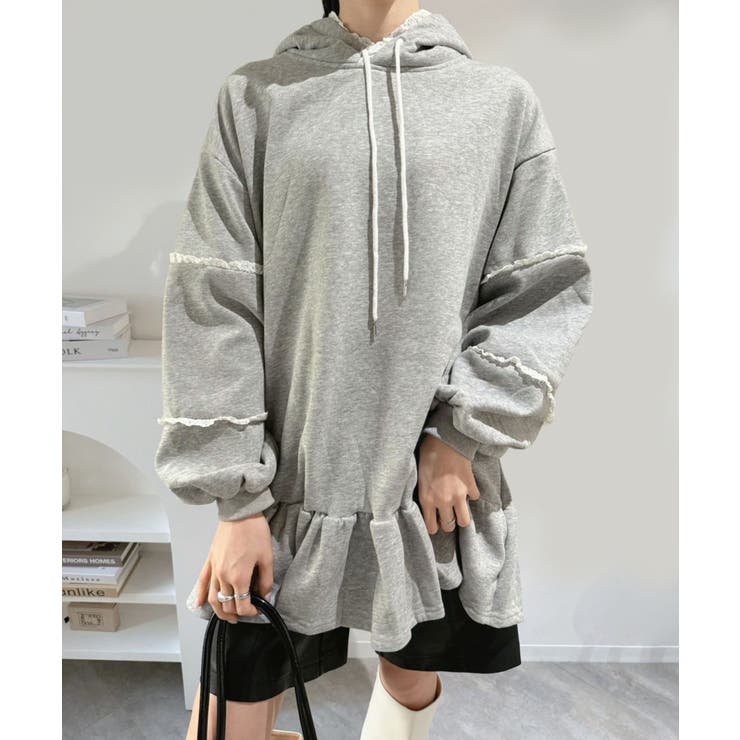 【20％OFFクーポン！12/5(金)限定！】Jewelobe レースディテールスウェットフーディーミニワンピース ワンピース・ドレス