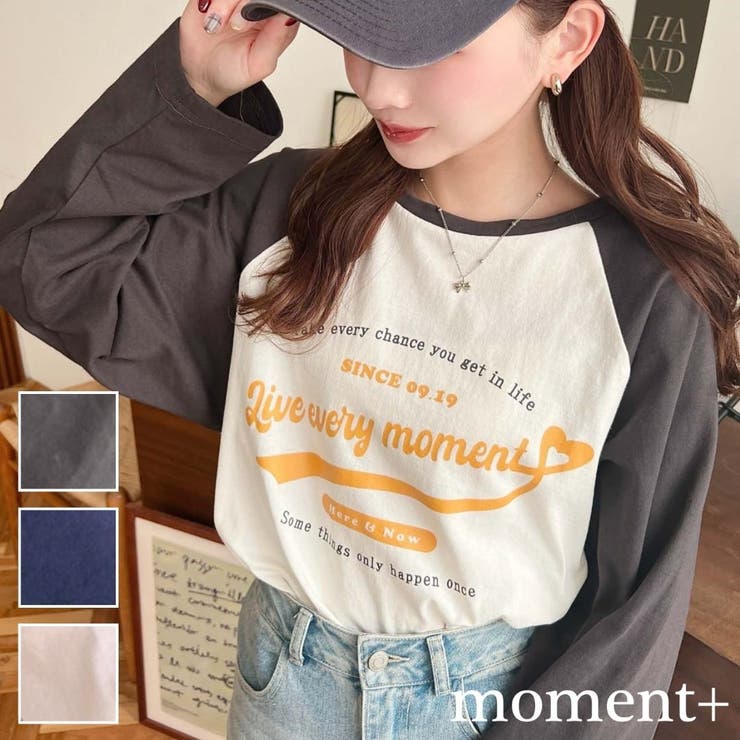 【10％OFFクーポン！3/26(木)1:59まで】moment+ ラグランロゴプリントロンT 綿100％天竺 トップス