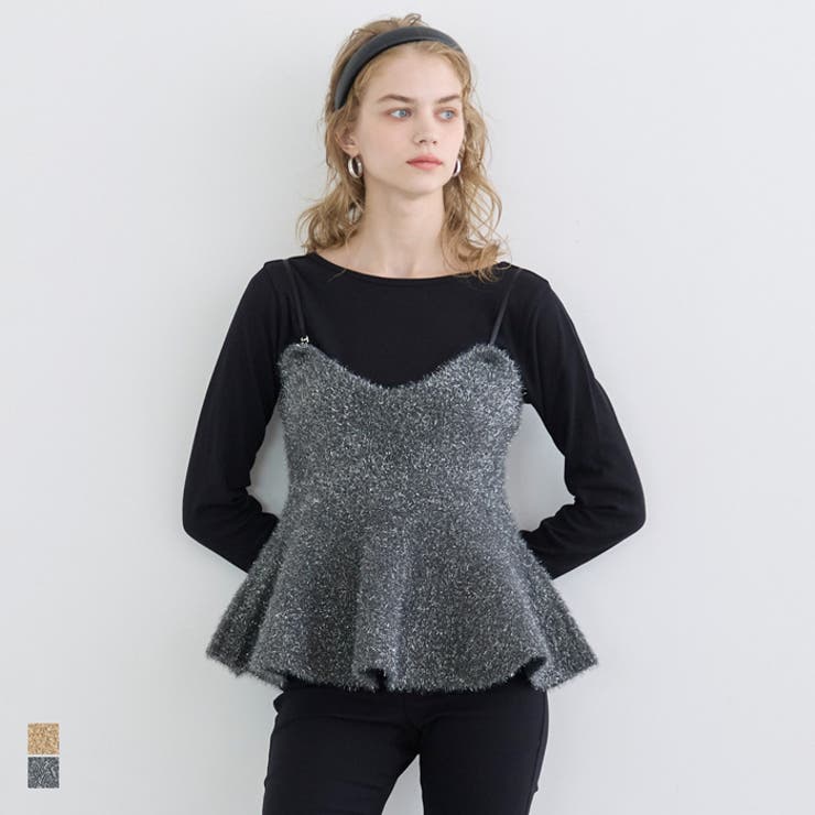 【20％OFFクーポン配布中！10/25(土)23:59まで】coca キラキラ×ふわふわ シャギーラメニットリボンビスチェ トップスのサムネイル