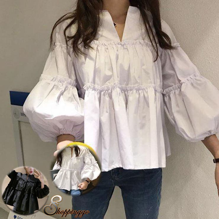 shoppinggo ブラウス レディース 新作 七分袖ショート丈シャツ 韓国風 大人可愛い パフスリーブトップス トップス