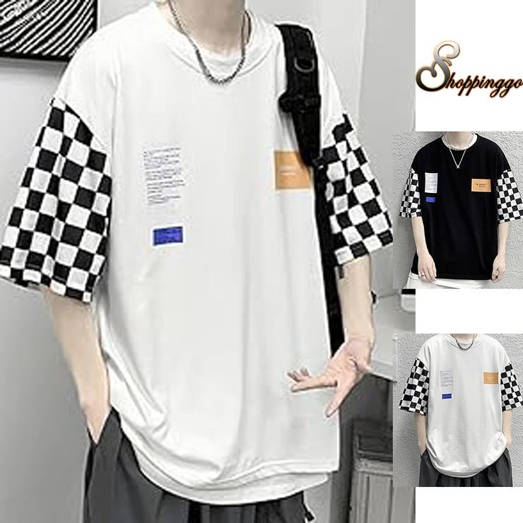 【10%OFFクーポン!11/27(木)1:59まで】shoppinggo 五分袖Tシャツ メンズ チェック柄袖 切り替え 夏服 おおきいサイズ 軽い 柔らかい...