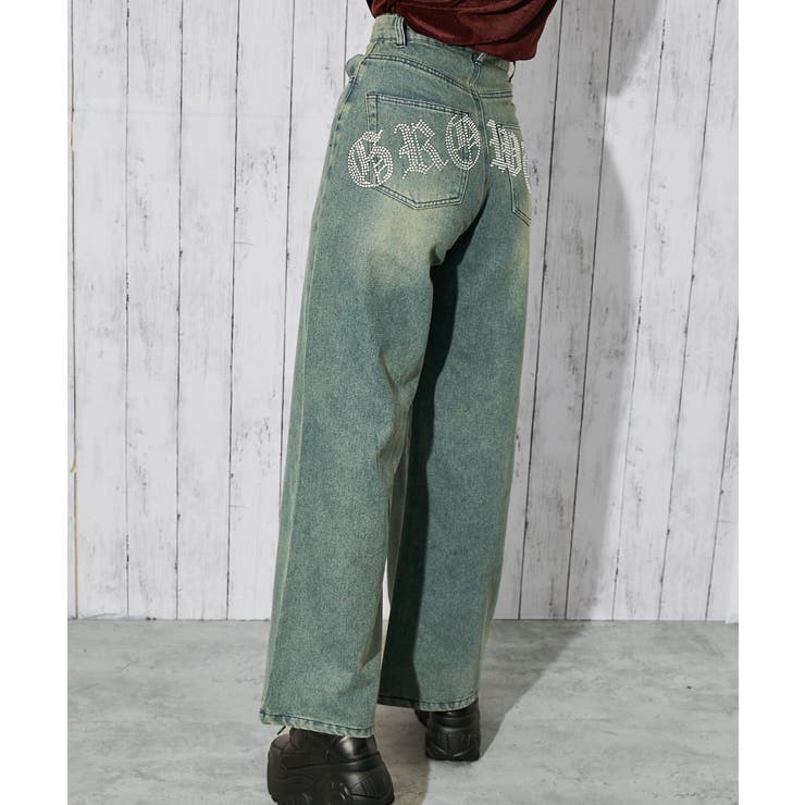 GORGE 《バックロゴ×ラインストーン》レディース デニムパンツ ワイドシルエット 春秋冬 パンツ・ズボン