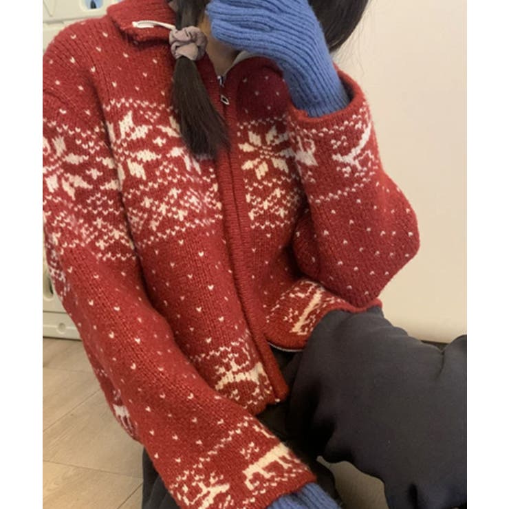 VIVID LADY ノルディック柄 ジップアップニット トップス