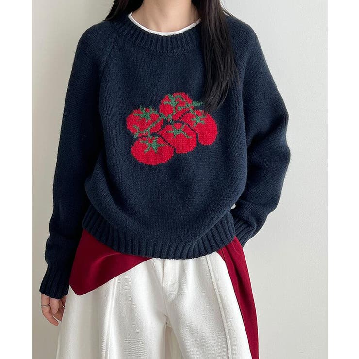 Bifrost トマト刺繍デザインの可愛らしいニットセーター トップス