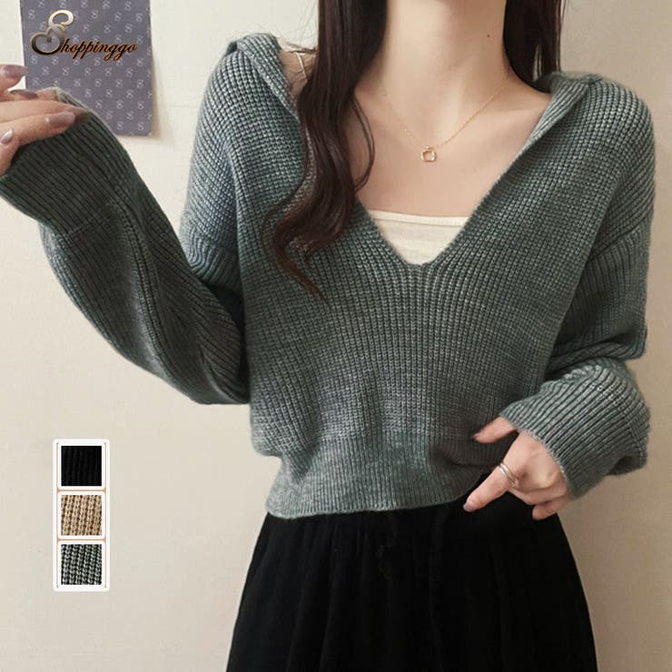 shoppinggo ニットトップス Vネック スキッパー カットソー レディース 秋冬 ニットセーター オシャレ 長袖 無地 リブニット クロップド ショート トップス