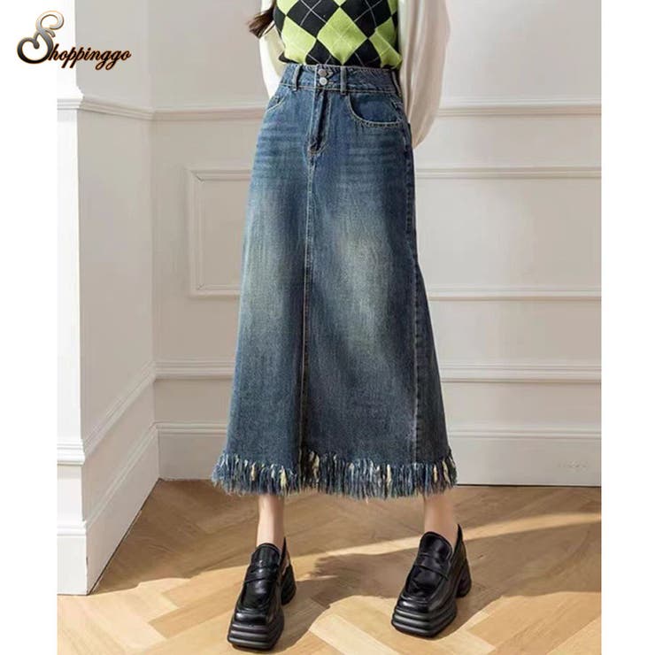 【10％OFFクーポン！11/27(木)1:59まで】shoppinggo デニムスカート ハイウエスト ロングスカート マキシ丈 ポケット付き Aライン フゆったり 体型カバー カジュアル オシャレ スカート