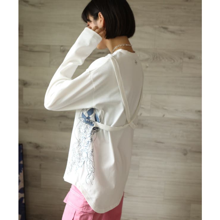 aimoha 【genxder】ユニセックス　オリジナルクラゲプリント　蝶々刺繍　肩紐付き　ロングTシャツ カットソー トレーナー トップス