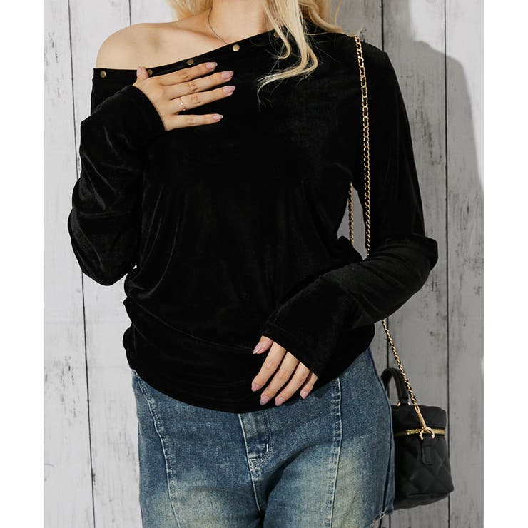 GORGE 《スタッズネック×ベロア》レディース オフショル ギャザートップス 光沢ストレッチ 秋冬 トップス
