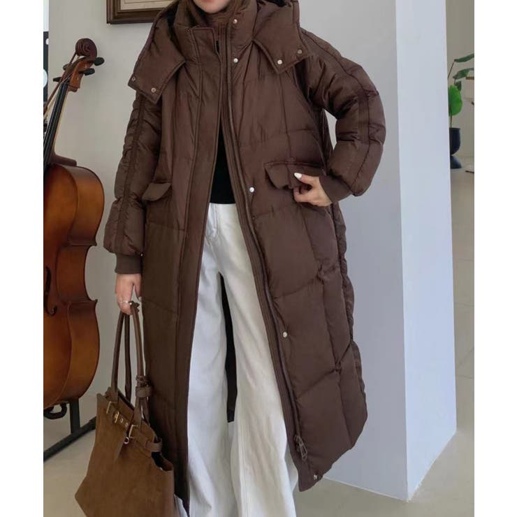 【10％OFFクーポン！3/26(木)1:59まで】aimoha 【Aimoha】大きめフードのスタンドネックロングダウンジャケット アウター(コート・ジャケットなど)