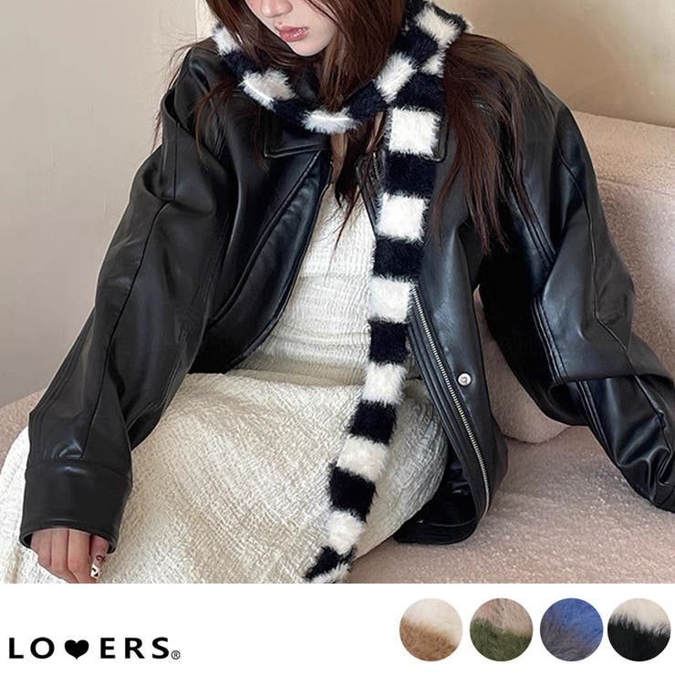 LOVERS 冬新作 ボーダー柄 シャギーニット スリムマフラー ma マフラー ニットマフラー ロングマフラー 細マフラー ロングタイ チョーカー ファーニット ワッペン付き レディース 韓国 Y2Kファッション 韓国ストリート 流行り トレンド かわ
