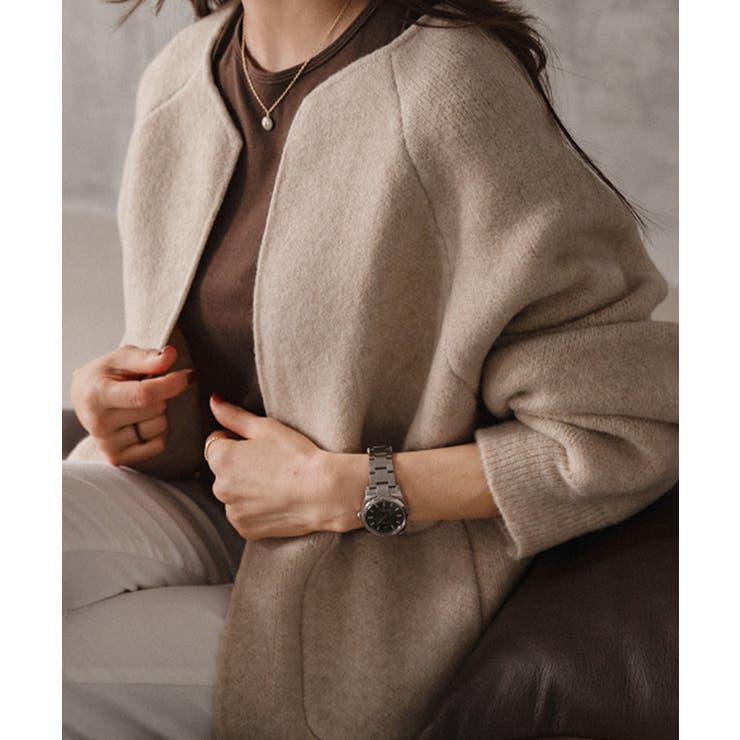 VIVID LADY ノーカラー ウールタッチ ニットアウター トップス