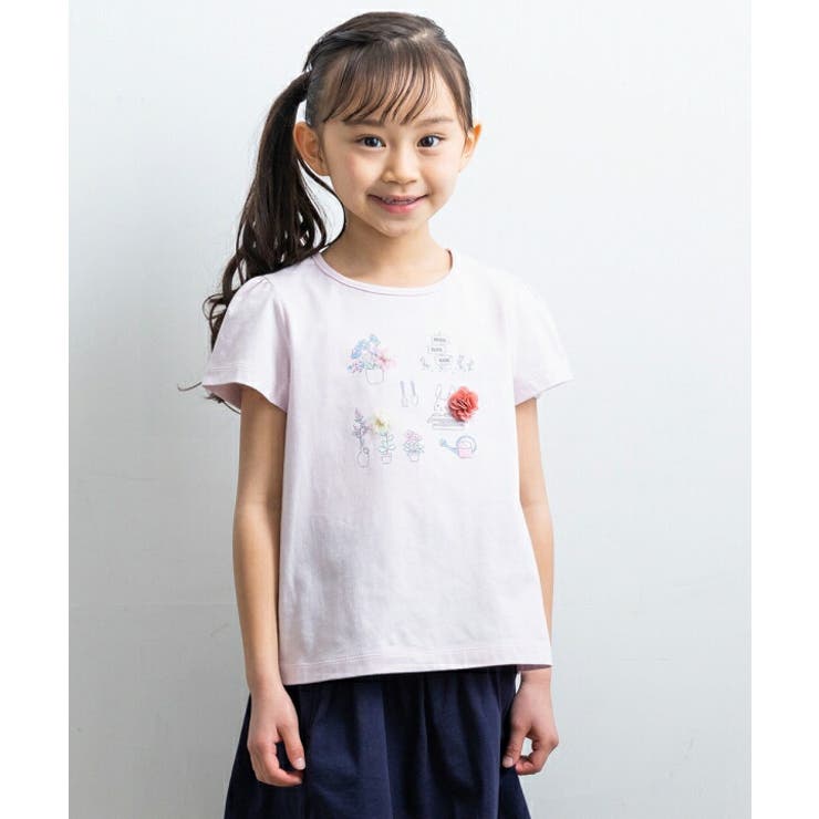 【10％OFFクーポン！3/26(木)1:59まで】moononnon 子供服 女の子 Tシャツ 半袖 普段着 通学着 通園着 綿100％お花＆うさぎプリント ピンク パープル 80cm 90cm 100cm 110cm 120cm 130cm 【むーの