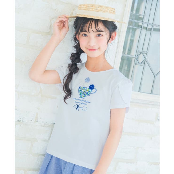 moononnon 子供服 女の子 Tシャツ 半袖 普段着 通学着 ジュニアサイズ綿100％花柄ティーカップモチーフ..