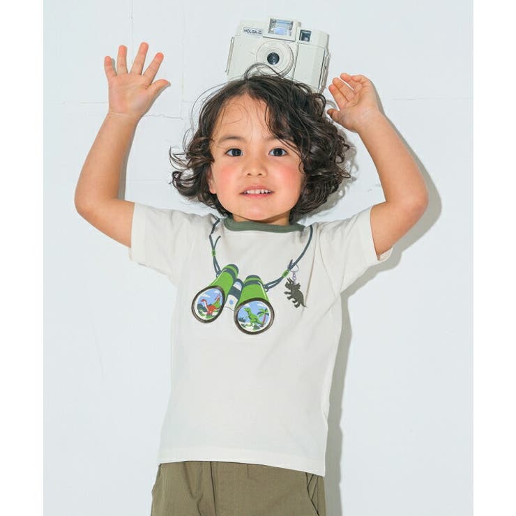 moononnon 子供服 男の子 Tシャツ 春夏 半袖 綿100％ 半そで 恐竜 プリント ワッペン 双眼鏡 カットソ..
