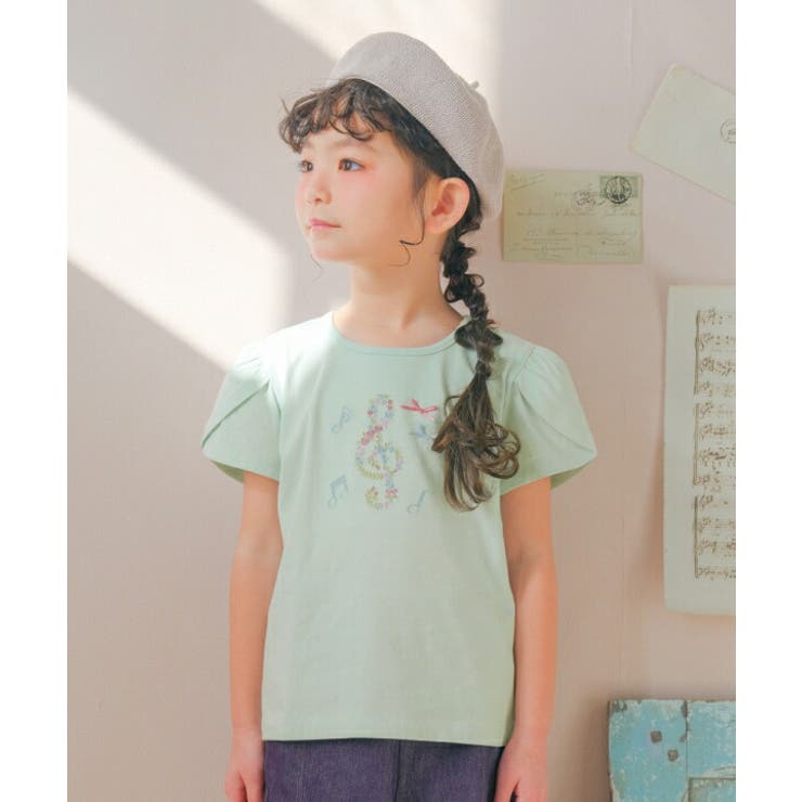 【ポイント2倍＆クーポン！3/11(水) 1:59まで】moononnon 子供服 女の子 Tシャツ 春夏 半袖 こども 子ども 普段着 通学着 ベビー キッズ 綿100% コットン 音符 花刺繍 チューリップ袖 80cm 90cm 100cm 11
