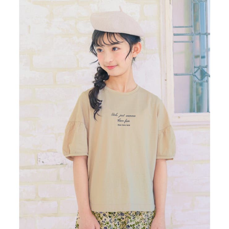 T-Shirts （Half Sleeves） - 【10％OFFクーポン！5/16(土)1:59まで】moononnon 子供服 女の子 Tシャツ 春夏 半袖 子ども服 こども こども服 キッズ ジュニア 綿100％ コットン ロゴ プリント Aライン 5分袖 オフホワイト ベージュ 120cm 130