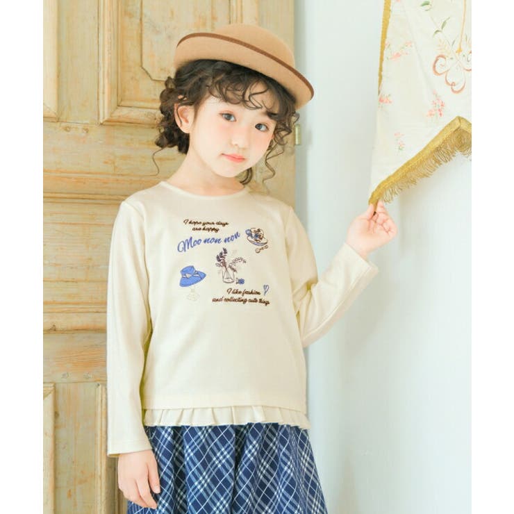 【10％OFFクーポン！1/16(金)1:59まで】moononnon 子供服 女の子 Tシャツ 秋冬 長袖 綿100％ ジュニア ベビー キッズ おんなのこ 普段着 フリル 刺繍 きらきら ピンク オフホワイト 80cm 90cm 100cm 110c