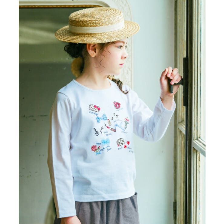 moononnon 子供服 女の子 Tシャツ 春夏 長袖 こども服 綿100％ キッズ ロンT 刺繍 音符 リボン ハート オフホワイト ブルー 100cm 110cm 120cm 130cm 140cm 3歳 4歳 5歳 6歳 7歳 8歳 9歳 10歳