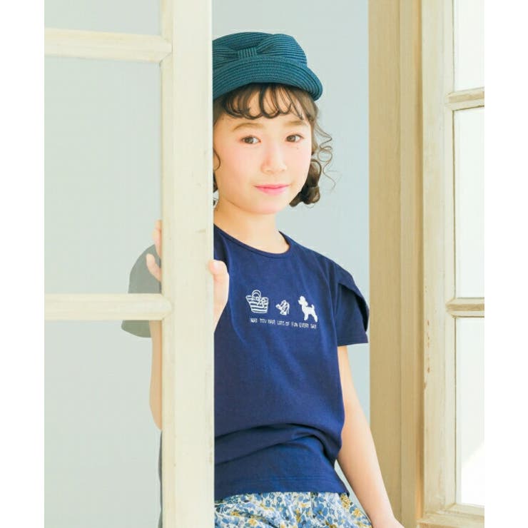 moononnon 子供服 女の子 Tシャツ 夏服 半袖 綿100％ 普段着 お出かけ着 通学着 チューリップ袖 刺繍 ドッグ オフホワイト ネイビー 100cm 110cm 120cm 130cm 140cm 150cm 3歳 4歳 5歳 6歳 7歳