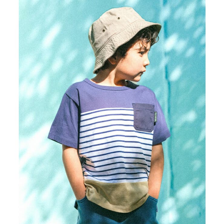 【10％OFFクーポン！3/26(木)1:59まで】moononnon 子供服 男の子 Tシャツ 夏服 半袖 子ども服 キッズ ジュニア 綿100％ コットン ボーダー ポケット付 ティーシャツ ネイビー パープル 100cm 110cm 120cm 1