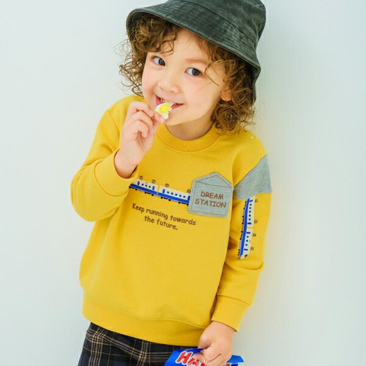 【10％OFFクーポン！12/11(木)1:59まで】moononnon 子供服 男の子 トレーナー 秋冬 長袖 子ども服 こども服 ベビー キッズ 乗り物 電車 ワッペンつき ロゴ刺繍 裏毛 長そで レッド イエロー 80cm 90cm 100cm 1