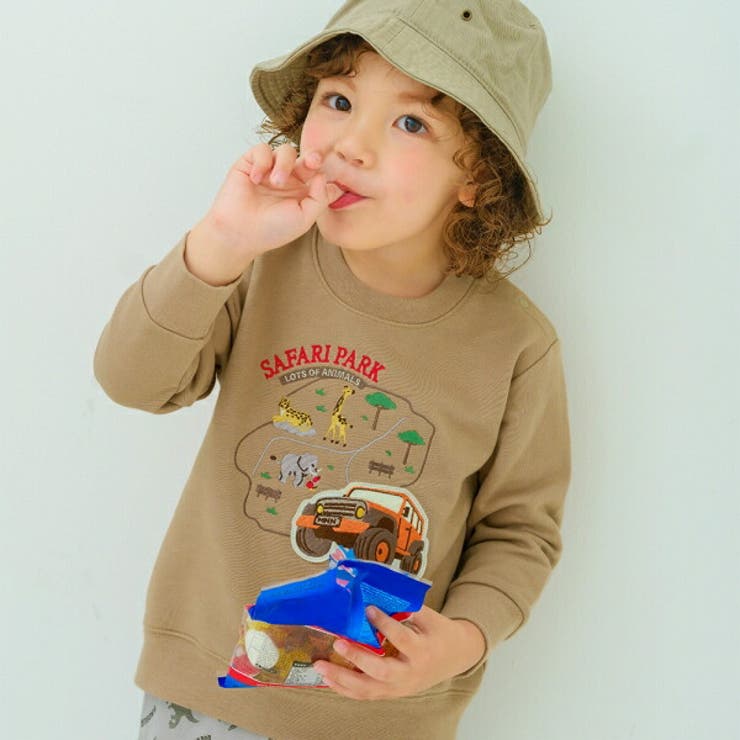 【10％OFFクーポン！12/11(木)1:59まで】moononnon 子供服 男の子 トレーナー 秋冬 長袖 子ども服 こども キッズ ベビー 動物 車 刺繍 ワッペン サファリパーク 裏毛 グリーン ベージュ 80cm 90cm 100cm 110