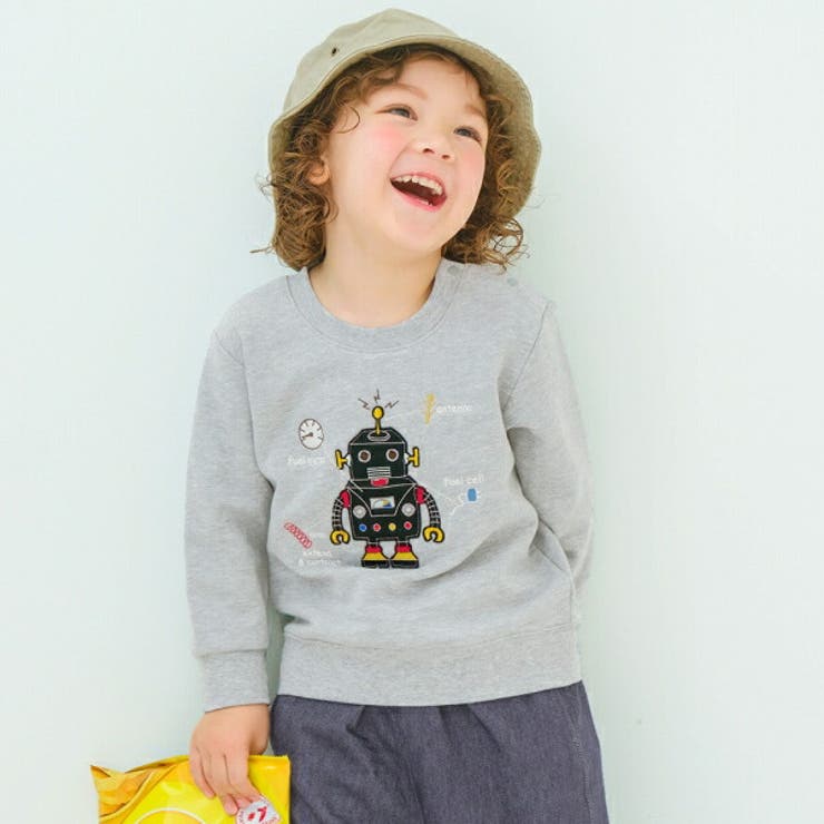 【10％OFFクーポン！12/11(木)1:59まで】moononnon 子供服 男の子 トレーナー 秋冬 長袖 子ども服 こども服 ベビー キッズ ロボット ワッペン ロゴ 刺繍 裏毛 アップリケ 長そで ネイビー 杢グレー 80cm 90cm 100