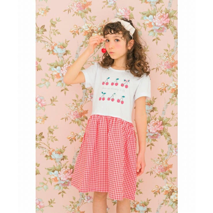 moononnon 子供服 女の子 ワンピース ジャンパースカート 春夏 半袖 リボン さくらんぼ チェリー ロゴ プリント ブラック レッド ギンガムチェック 100cm 110cm 120cm 130cm 140cm 150cm 160cm 3歳 4