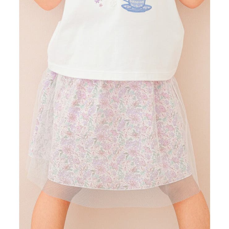 【10％OFFクーポン！2/10(火)1:59まで】moononnon 子供服 女の子 スカート 春夏 膝丈 こども服 子ども服 トドラー キッズ ウエストゴム 普段着 通学着 オリジナル花柄 チュール グリーン パープル 100cm 110cm 120