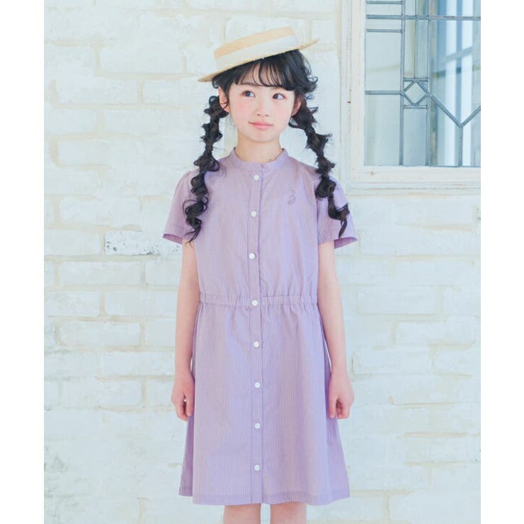 【10％OFFクーポン！2/10(火)1:59まで】moononnon 子供服 女の子 ワンピース ジャンパースカート 春夏 半袖 子ども服 こども服 こども キッズ ジュニア ストライプ柄 音符 刺繍 スタンドカラー 襟 半そで ネイビー パープル 1