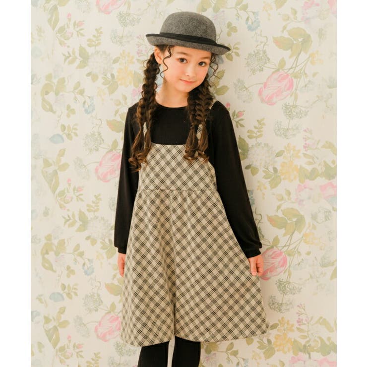 【10％OFFクーポン！2/10(火)1:59まで】moononnon 子供服 女の子 ワンピース ジャンパースカート 秋冬 長袖 こども服 チェック 重ね着風 長そで レイヤード ドッキング ワンピース ネイビー ベージュ 120cm 130cm 14