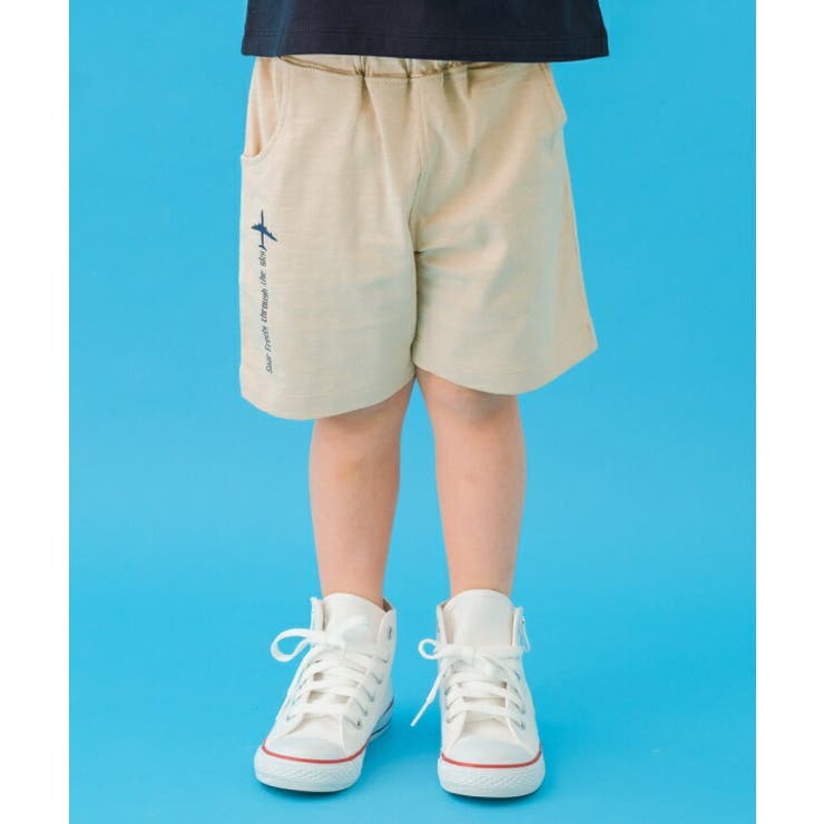 moononnon 子供服 男の子 パンツ 夏服 ハーフパンツ 子ども服 こども キッズ ベビー 綿100％ コットン ウエストゴム 飛行機 プリント 半パン ネイビー ベージュ 80cm 90cm 100cm 110cm 120cm 1歳 2歳 3歳