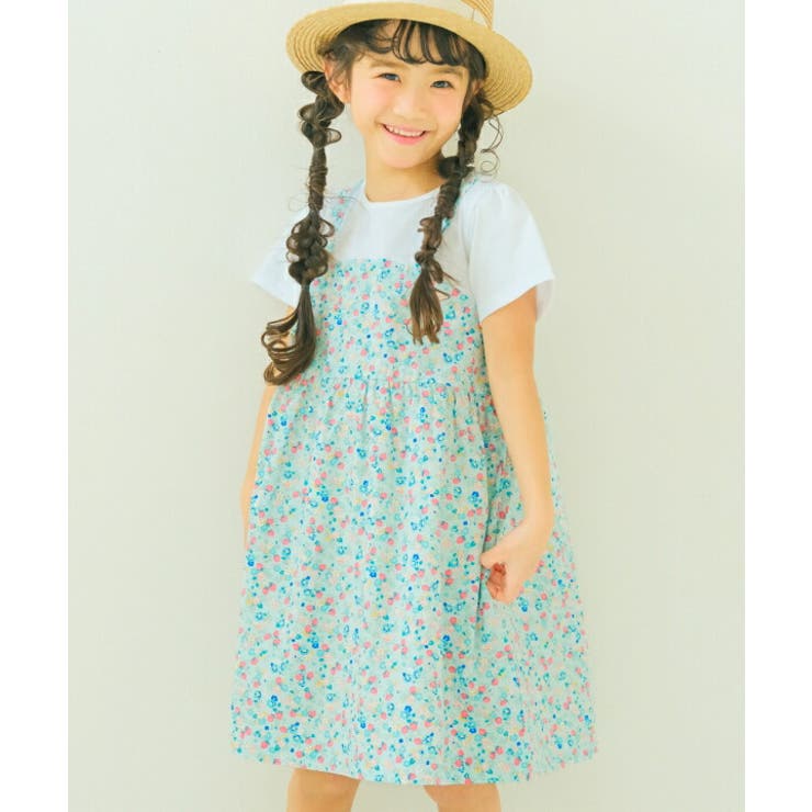 moononnon 子供服 女の子 ワンピース ジャンパースカート 夏服 半袖 こども服 小学生 ベビー 綿100％ 春服 花 いちご 重ね着風 ピンク ブルー 80cm 90cm 100cm 110cm 120cm 130cm 1歳 2歳 3歳 4歳