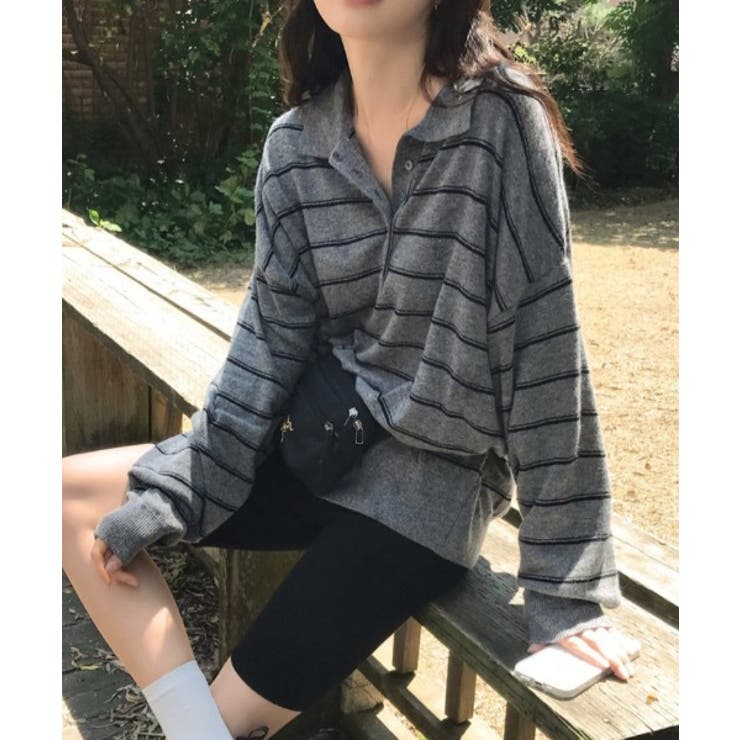 No Sleeve Knit - Ulysses ボタンダウンボーダー柄ボタンでニットトップス トップス