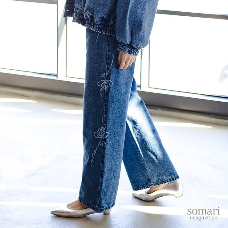【10％OFFクーポン！11/27(木)1:59まで】osharewalker somari imagination花柄モチーフストレートデニムパンツ パンツ・ズボン