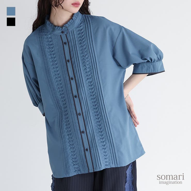 【10％OFFクーポン！2/10(火)1:59まで】osharewalker somari imaginationピンタック配色パイピングブラウス トップス