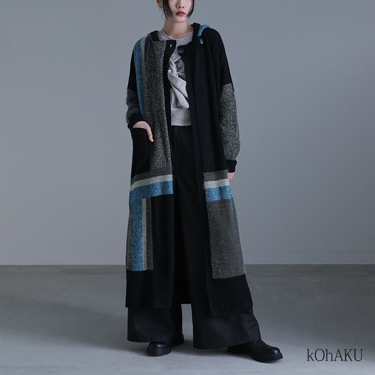 【10％OFFクーポン！11/27(木)1:59まで】osharewalker kOhAKU配色フード付きロングカーディガン トップス