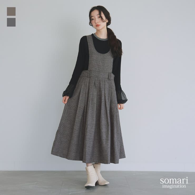 【10％OFFクーポン！11/27(木)1:59まで】osharewalker somari imaginationエプロン風グレンチェック柄ジャンスカ ワンピース・ドレス