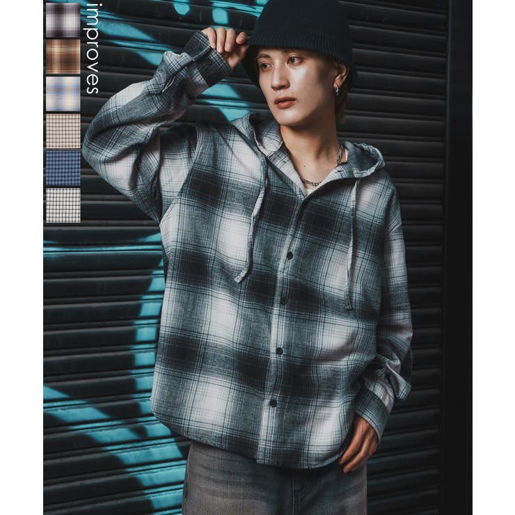 improves シャツ メンズ チェック柄 シャツパーカー フード付きシャツ フーディー 大きめ アメカジ カジュアル スケーター ストリート Y2K 90s 古着MIX 韓国ファッション トップス