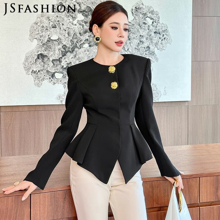 JS FASHION ペプラムジャケット ラウンドネック ウエストシェイプ 大きめゴールドボタン ブラック 長袖 黒 ブラック オケージョン きれいめ おしゃれ 上品 かっこいい 結婚式 披露宴 同窓会 春 秋冬 S M L XL XXL 大きい レディ