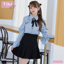 Tika オープンショルダーフリルブラウス×プリーツスカートセットアップ 韓国ドレス ガーリードレス 袖あり 長袖 フリル袖 キャバドレス キャバ ドレス S-Lサイズ ホワイト ブラック ダスティブルー バイカラー 緩苺 黒崎みさ Tika ティカ ワ