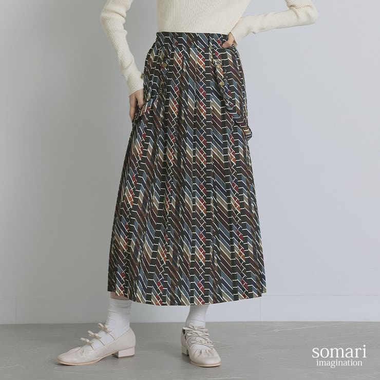 【10％OFFクーポン！11/27(木)1:59まで】osharewalker somari imaginationレトロ柄プリーツロングスカート スカート