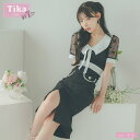 Tika テーラード×リボンハイウエストマークスリットミディアムドレス 韓国ワンピース 韓国ドレス ガーリードレス 袖あり 半袖 シアー袖 キャバドレス キャバ ドレス S-Lサイズ ブラック 緩苺 Tika ティカ ワンピース・ドレス