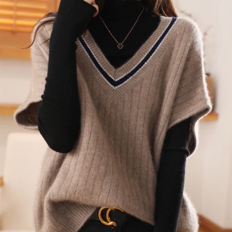 【10％OFFクーポン！9/11(金)1:59まで】Beststore Vネックニットベストトップス レイヤード風 韓国ファッション 秋冬 リブ編み ニット編み トレンド感 ノースリーブ オーバーサイズ 韓国ベスト ジャガード 重ね着風 V開きベスト ジ shoplistselect-10007001 SHOPLIST サンプル画像2