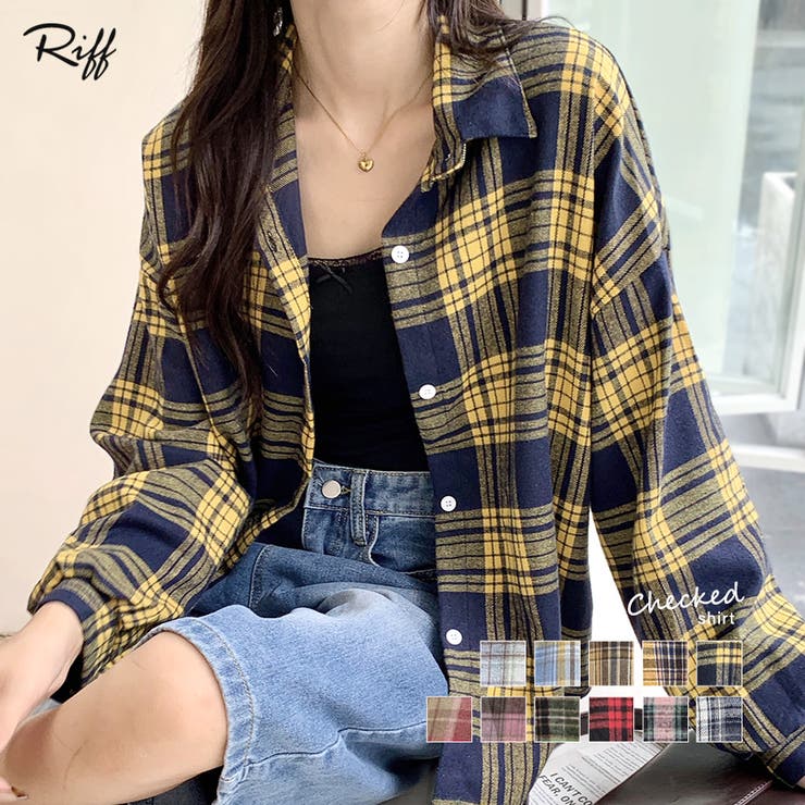 Riff チェックシャツ 羽織り ゆるシャツ ゆったり ビッグサイズ オーバーサイズ 大きいサイズ ブラウス トップス 長袖 チェック柄 ベージュ イエロー ネイビー ピンク ブラウン ブラック レッド グリーン ブルー ライトグレー フリーサイズ 春