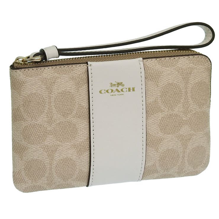 Riverall COACH コーチ ポーチ レディース アウトレット コーティングキャンバス×レザー サンド×チョーク コーナー ジップ リストレット シグネチャー キャンバス ストライプ CRN ZIP SIG LTH STRP CW854IMXDM