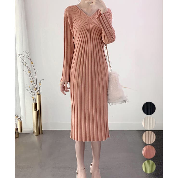【20％OFFクーポン！6/4(木)限定】Miniministore vネック太リブニットワンピース秋冬韓国風 ワンピース・ドレス