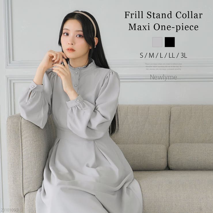 【10％OFFクーポン！11/27(木)1:59まで】夢展望 フリルスタンドカラーマキシワンピース 韓国 夢展望 ワンピース・ドレス